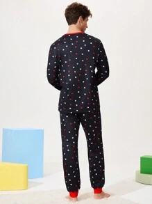 Heart Pattern Men's Crew Neck Long Sleeve Sweatshirt And Pants Pajamas Set - Black - View 2