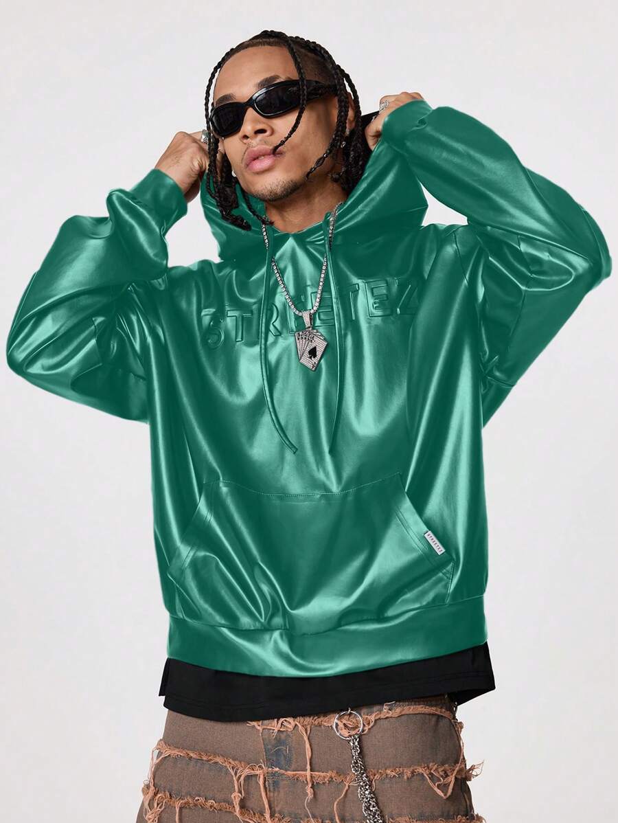 Manfinity RebelGame Men's Loose Fit Brazilian Style Long Sleeve Hoodie, For Fall Winter - Dark Green - View 1