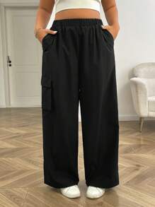 SHEIN EZwear Plus Size Casual Versatile Black Straight Leg Cargo Pants