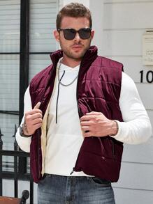 Manfinity Homme Plus Size Men's Solid Stand Collar Sleeveless Winter Jacket - Burgundy - View 5