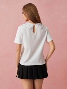SHEIN Spring/Summer Romantic Women's White Rhinestone Embroidery Peter Pan Collar Little Bow Decor T-Shirt,Sweet&Elegant Outfit For Party And Sweet Date Night &Wedding Guest Dress Women &Holiday & Graduation Dress&Daily Commuting&Vacation&Garden Parties & Concert Outfit Women
