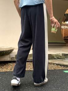 Manfinity Dauomo Men's Casual Solid Color Patchwork Drawstring Sweatpants - Navy Blue - View 2