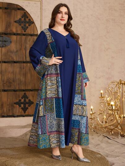 Al Najma Women's V-Neck Tasseled Comfortable Plus Size Long Sleeve Dress, Plus Size Dresses Fall Cloth For Women