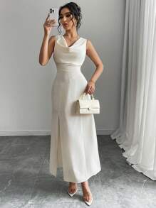 Chiquease Robe longue élégante femme de couleur unie, col en V, fendue sur le côté, sans manches, robe de soirée formelle, robe longue sexy - Nude - Voir 4