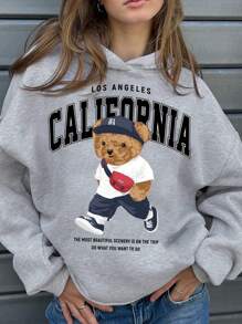 SHEIN Leap Crew Vintage American Street Style Bear California Graphic Thermal Lined Sweatshirt, Casual & Simple For Tween Girls - Grey - View 1