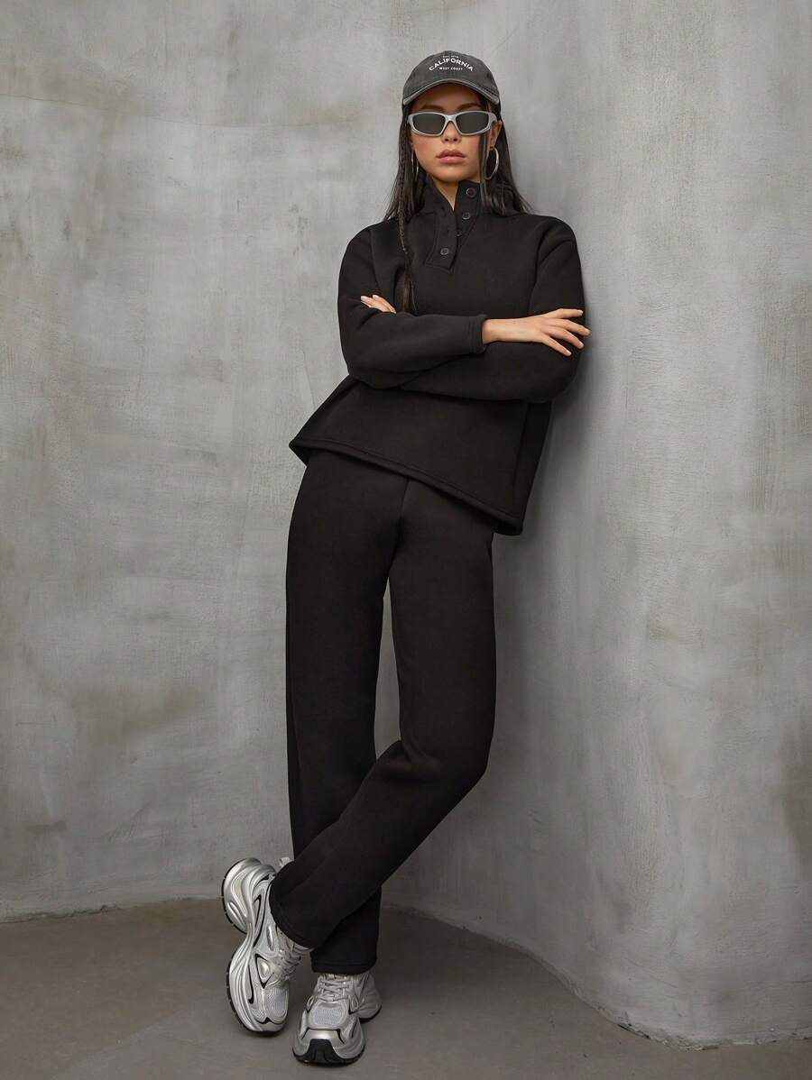 EURMUSE Casual Half Button Sweatshirt & Pants Set - Black - View 1