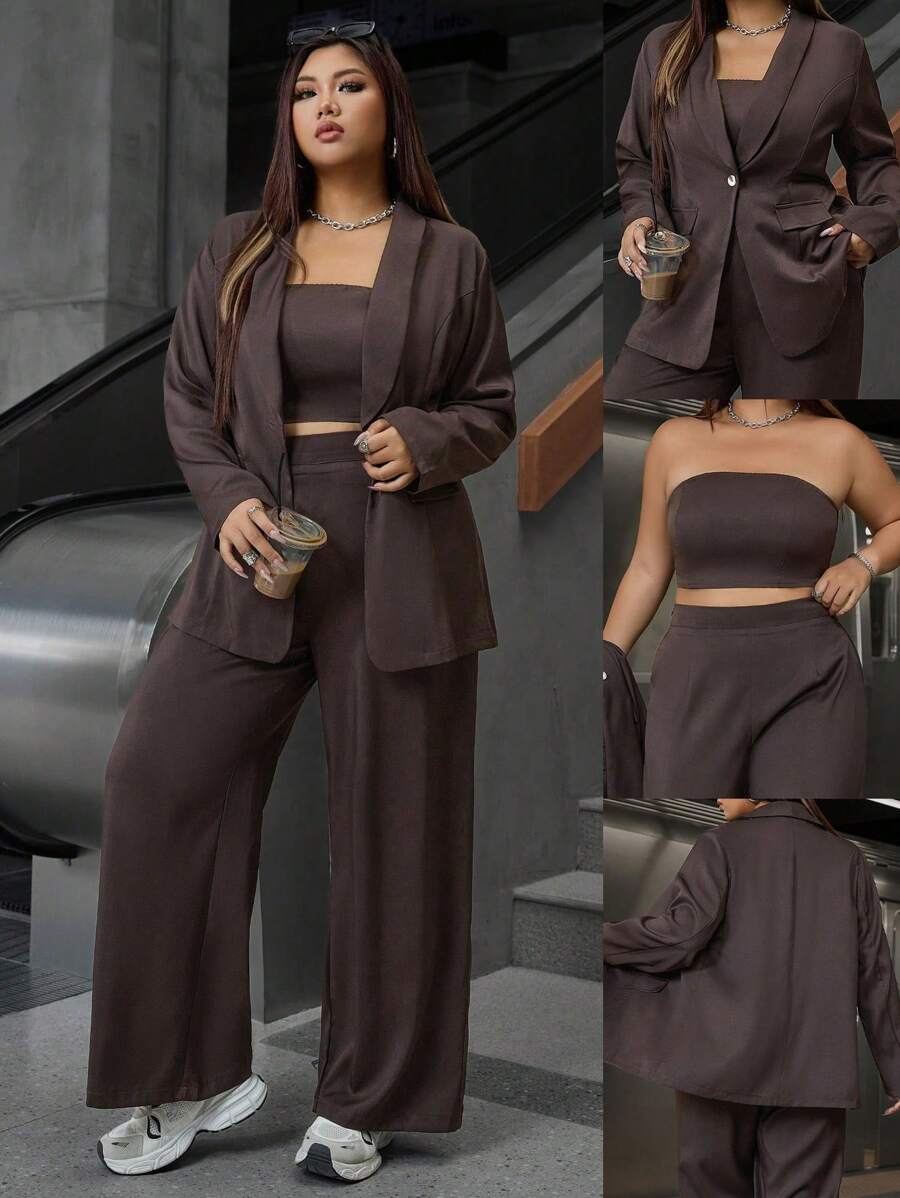 Calvaya Plus Size Women's Fashion Solid Color Casual Elegant Blazer, Long Pants, Vest, 3pcs Business Suit Set, Work Commuter Style, Spring/Autumn - Coffee Brown - View 1