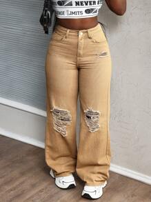 SHEIN Slayr Women Distressed Raw Hem Straight Leg Jeans - Khaki - View 5