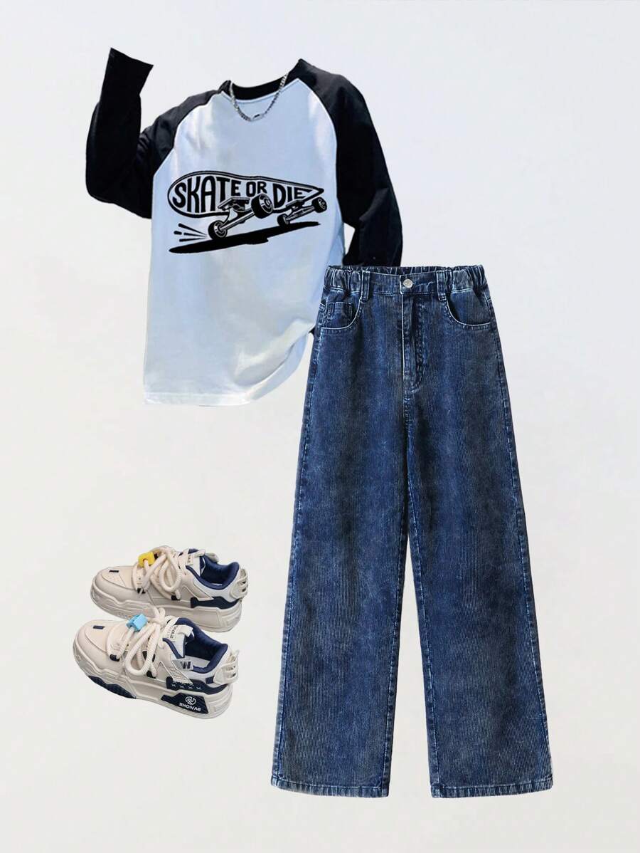 SHEIN 宽松柔软灯芯绒休闲百搭直筒裤,牛仔蓝,适合男孩 - 寶藍色 - 查看 1
