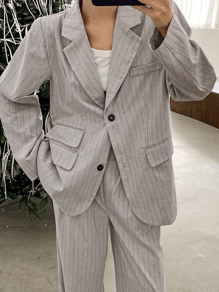 2 Pieces Loose Minimalist Striped Women Suit Business Casual Woman Work Clothes