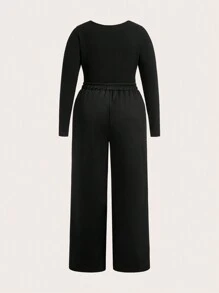 SHEIN EZwear 2pcs/Set Plus Size Thermal Lined Basic Long Sleeve Top And Long Pants Set, Autumn/Winter - Grey - View 2