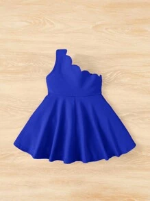SHEIN Cute & Elegant Baby Girls Blue Asymmetrical Neck Cocktail Dress, Suitable For Weddings And Parties - Blue - View 2