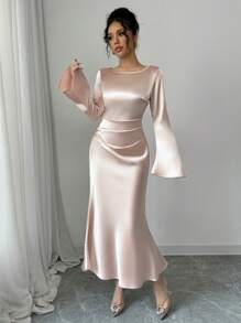 Elenzga Women's Solid Color Round Neck Long Sleeve Ruched Waist Maxi Elegant Dress