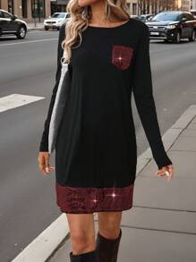 SHEIN LUNE Robe courte à manches longues, col rond, patchwork de perles pour femmes, pour l'automne