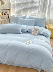 3件套100%涤纶北欧简约纯色被套组，2个枕套+1个被套（不含床单） - 藍色 - 查看 3