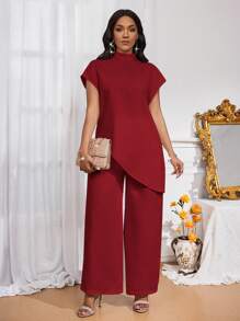 SHEIN Lady Four Seasons Two Piece Outfits Women Outfit Sets Fall Two Piece Sets Casual Elegant Women's White Woven Stand Collar Elegant Layered Women Fall Sets New Women's Two-Piece Set Women's Casual Two-Piece Set - Burgundy - View 3