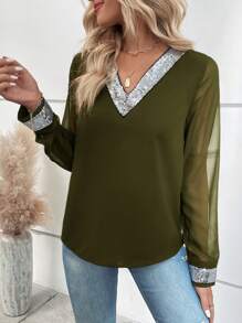 SHEIN Clasi Blusa elegante de manga larga con cuello en V, parches de lentejuelas y malla para mujer