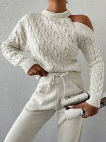 EURMUSE Cable Knit Cut Out Sweater & Drawstring Waist Knit Pants - Beige - View 1