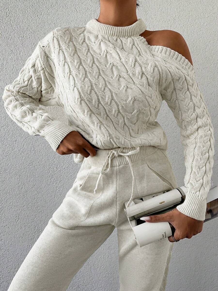 EURMUSE Cable Knit Cut Out Sweater & Drawstring Waist Knit Pants - Beige - View 1