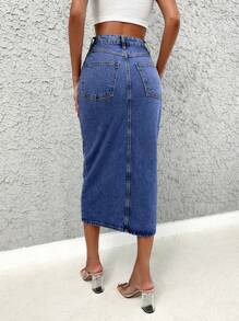 EURMUSE Solid Split Thigh Denim Skirt - Medium Wash - View 2