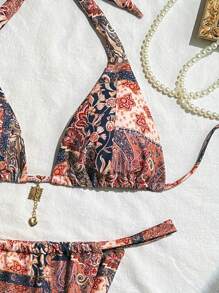 Women's Floral Print Halter Neck Tie Up Split Bikini Set, Randomly Printed Summer - Multicolor - View 3