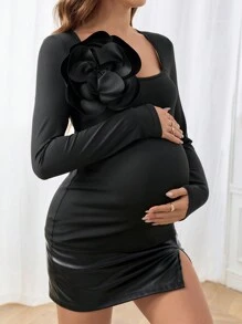 SHEIN Pregnant Women Elegant Solid Color 3D Floral Decor Fitted T-Shirt - Black - View 4