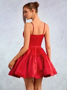SHEIN SXY New Year Party Elegant Casual Sexy Nightclub Wedding Season Valentine's Day Date Must-Have Red Festive Satin Fluffy Pleated A-Line Princess Dress Hemline Slim Mini Dress - Red - View 2