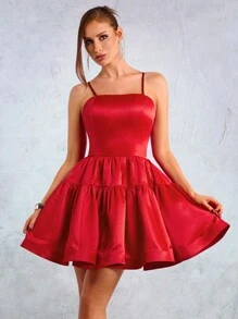 SHEIN SXY New Year Party Elegant Casual Sexy Nightclub Wedding Season Valentine's Day Date Must-Have Red Festive Satin Fluffy Pleated A-Line Princess Dress Hemline Slim Mini Dress - Red - View 7