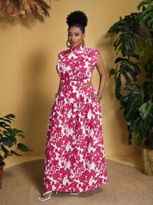 Slaydiva Váy chữ A in họa tiết không co giãn cỡ lớn - Màu Hồng Tươi - Xem 7