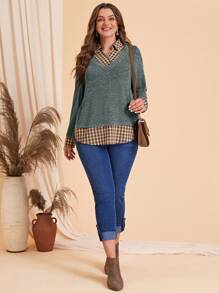 EMERY ROSE Camiseta casual de talla grande con parche a cuadros en 2 en 1, para otoño