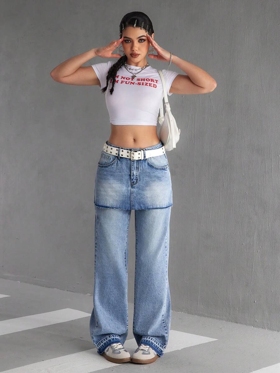 SHEIN EZwear Women's Casual Washed 2 In 1 Denim Pants - Light Wash - View 1