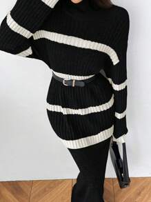 Mulvari 2pcs Women Stripe Pattern Long Sleeve Sweater And Flared Pants Set, Casual Outfit For Autumn/Winter 2 Pieces Set - Black and White - View 7