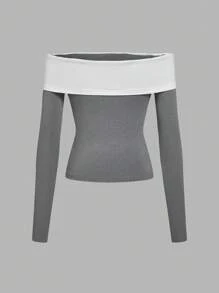 SHEIN MOD Kaos Fashion Wanita Lengan Panjang Off-Shoulder Warna Kontras dengan Hiasan Pita - Grey - View 2