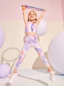 SHEIN 年轻女孩扎染印花运动套装、吊带背心和紧身裤、瑜伽跑步健身运动 - 彩色 - 查看 4