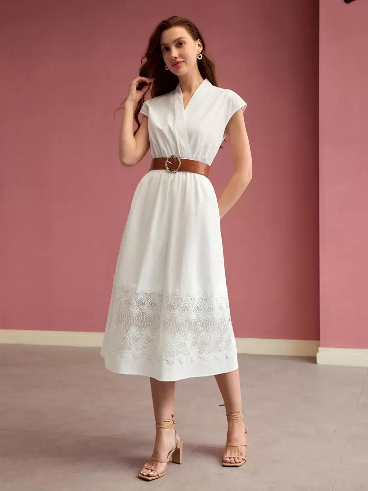 contrast lace midi dress Cream Taffeta Contrast Lace Midi Dress
