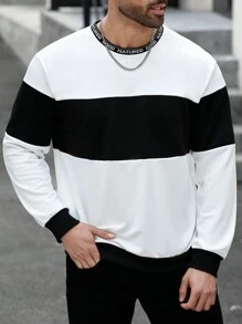 Manfinity Homme Plus Size Men's Letter Print Round Neck Long Sleeve Casual Sweatshirt, Autumn/Winter - Black and White - View 6