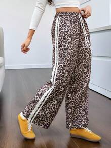 SHEIN 少女豹纹系带简约风格长裤，日常休闲装 - 棕色 - 查看 5