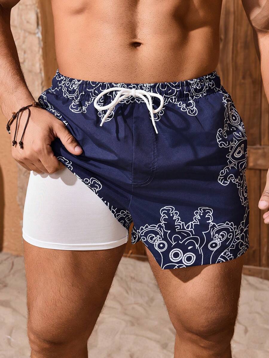 Surfspeed Men's Cartoon Print Drawstring Waist Casual Beach Shorts - Navy Blue - View 1