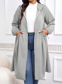 SHEIN LUNE Plus Size Solid Color Drawstring Hooded Coat, Casual Autumn