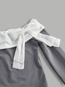 SHEIN MOD Kaos Fashion Wanita Lengan Panjang Off-Shoulder Warna Kontras dengan Hiasan Pita - Grey - View 3