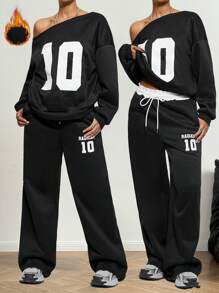 Coolane 女孩冬季 Y2K 学院风日常穿着数字印花保暖不对称领口长袖运动衫和白色松紧腰带阔腿运动裤