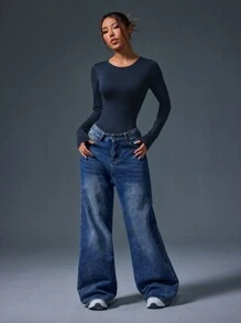 Slayoga Women's Solid Color Round Neck Long Sleeve Fitted Casual Jumpsuit