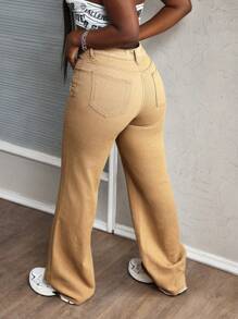 SHEIN Slayr Women Distressed Raw Hem Straight Leg Jeans - Khaki - View 2