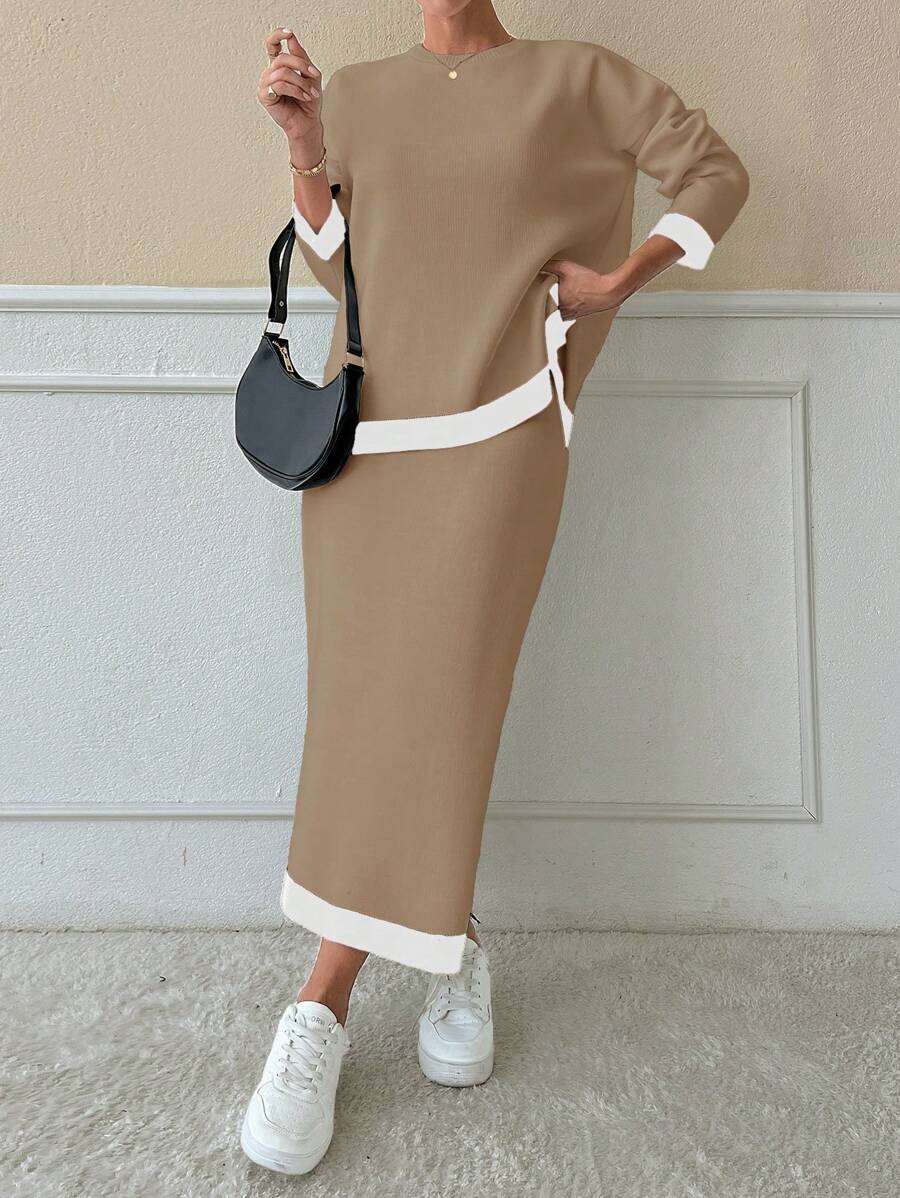 EURMUSE 2 件套撞色拼布圆领毛衣和裙子休闲装 - 卡其色 - 查看 1