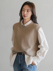 Dazy-Less Loose Solid Color Versatile Women Knitted Vest,Fall Clothes Business Casual Woman Work Clothes - Khaki - View 4