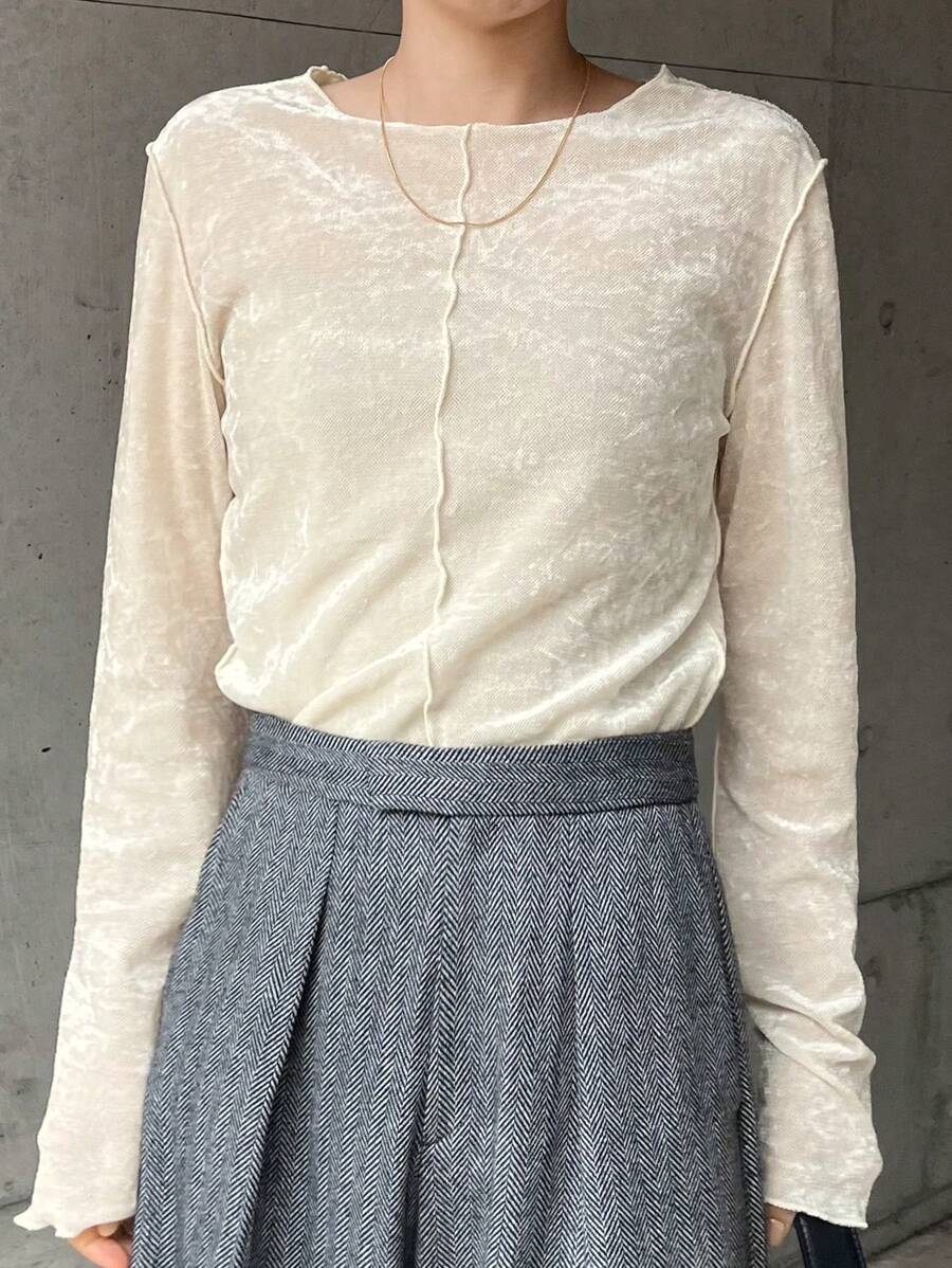 FRIFUL Women Velvet Patchwork Fitted T-Shirt, Solid Color Casual Daily Style Long Sleeve Women Tops,Fall Women Clothes - Apricot - View 1