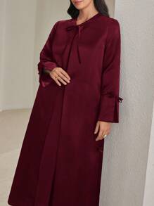 Al Najma Women's Solid Color Tie Collar Bow Detail Elegant Long Sleeve Abaya Robe, Modest Elegant Open Abayas, For Casual Daily/Party - Burgundy - View 4