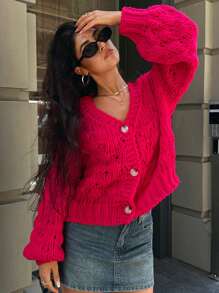 Forever 21 Winter Clothes For Women V-Neck Long Sleeve Cropped Casual Warm Cardigan, Versatile, Autumn/Winter Y2k Clothes Sweaters For Women Christmas Sweater Long Sleeve Tops New Years Women Christmas Sweater Women - Red - View 4