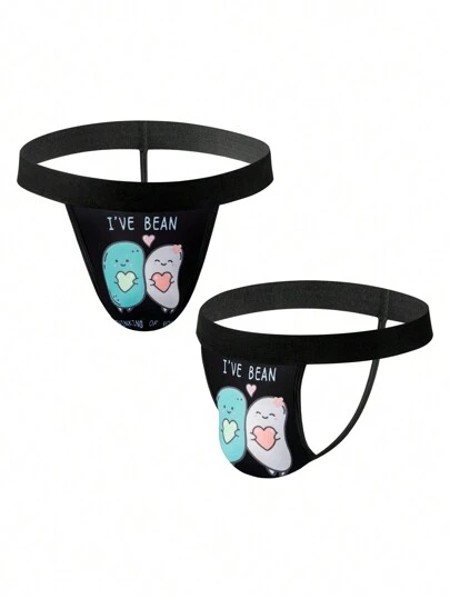 Men's Letter & Cartoon Print Sexy G-String Underwear