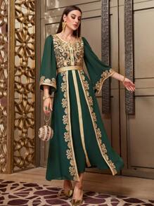 Layrah Elegant Party Dark Green And Gold Embroidered Bell Sleeve Dress, Modest Kaftan